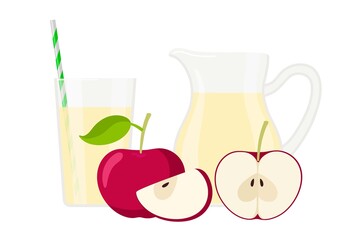Aplle juice. Jug and glass of fresh aplle drink. Set of natural fresh juice, red whole and cut fruit. Healthy organic beverage vector for summer design, lemonade, juice, logo.