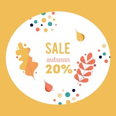 autumn discount with yellow leaves on a yellow background