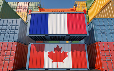 Container Terminal. Two cargo Container with Canada and France flags. 3D Rendering