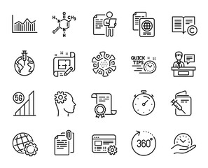 Vector set of Job interview, Safe time and 360 degrees line icons set. Engineering, Document attachment and Money diagram icons. Architect plan, Certificate and Passport document signs. Vector