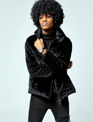 Young handsome male model wear black velvet jacket