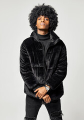 Young black male model wear black velvet jacket