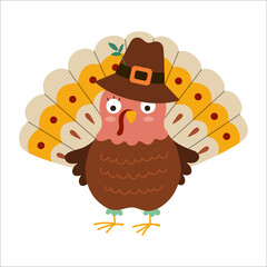 Vector Thanksgiving turkey in pilgrim hat. Autumn bird icon. Fall holiday animal isolated on white background