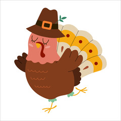 Vector Thanksgiving turkey in pilgrim hat. Autumn bird icon. Fall holiday dancing animal with closed eyes isolated on white background