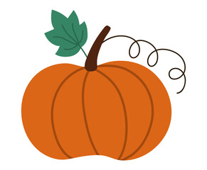 Vector cute pumpkin. Autumn vegetable. Flat style orange squash. Funny veggie harvest illustration isolated on white background. Traditional thanksgiving food or Halloween symbol