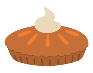 Vector traditional Thanksgiving pumpkin pie side view. Autumn dessert isolated on white background. Cute funny illustration of fall holiday meal with cream