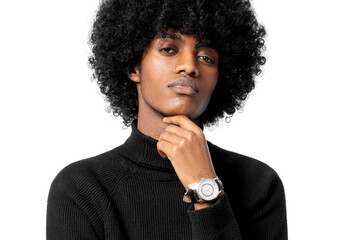 Portrait of young handsome black man wear watch and thinking