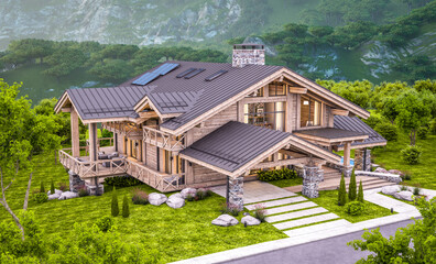 3d rendering of modern cozy chalet with pool and parking for sale or rent.  Massive timber beams columns. Beautiful forest mountains on background. Clear summer evening with cozy light from window