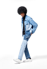Naklejka premium Young african american man in denim clothes isolated on white background