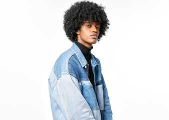 Young black man in denim jacket isolated on white background