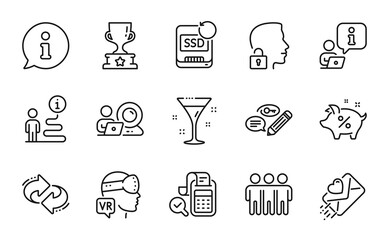 Business icons set. Included icon as Friendship, Unlock system, Recovery ssd signs. Bill accounting, Refresh, Winner cup symbols. Augmented reality, Keywords, Loan percent. Love letter. Vector