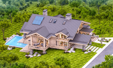 3d rendering of modern cozy chalet with pool and parking for sale or rent.  Massive timber beams columns. Beautiful forest mountains on background. Clear summer evening with cozy light from window