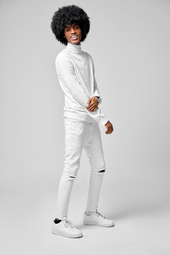 Happy African American Man Wear Set Of White Clothes Isolated On Gray Background