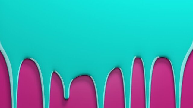 Blue paint drips on pink background. Viscous liquid flowing down the surface in streams, melting drops forming streaks. 3D animation, alpha channel as matte mask included.