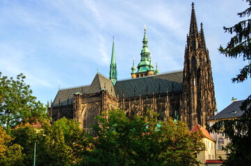 Front view of the main entrance to the St. Vitus cathedral in Prague Castle in Prague, Czech Republic