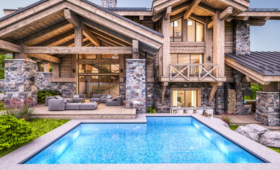 3d rendering of modern cozy chalet with pool and parking for sale or rent.  Massive timber beams columns. Beautiful forest mountains on background. Clear summer evening with cozy light from window