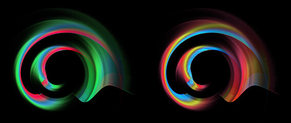 Colorful curved and wavy striped elements are layered to create circular frames against a black background. Graphic design elements set. Logo, symbol, sign, icon. 3d rendering. 3d illustration.