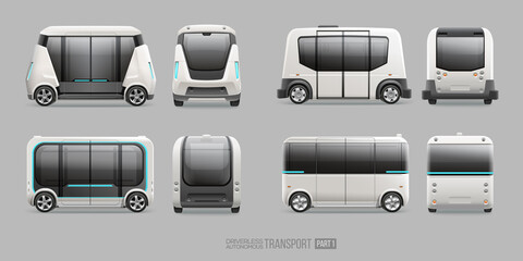 Concept of futuristic autonomous electric shuttle bus side and front view. Driverless Autonomous Self driving mini van vector template. Driverless future transport © VRTX