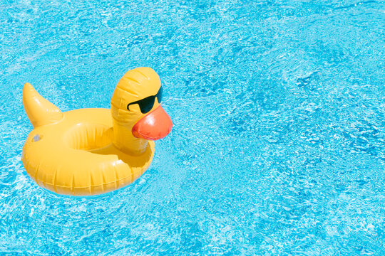 an inflatable duck on a background of swimming pool water. summer and travel concept. copy space