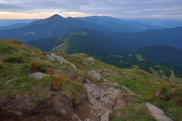 Fototapeta na wymiar Landscape panoramic view from mount Petros to mount Hoverla in Carpathian Mountains