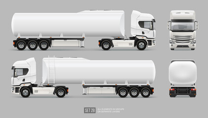 Blank Fuel Tanker Truck vector template. Water or gasoline Tank Truck trailer template isolated on gray. Realistic Petrol Tank mockup for branding and corporate identity design © VRTX