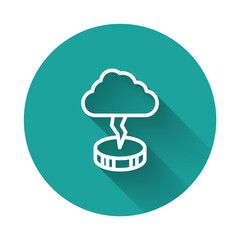 White line Storm icon isolated with long shadow background. Cloud and lightning sign. Weather icon of storm. Green circle button. Vector