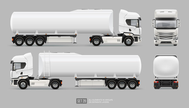 Blank Fuel Tanker Truck vector template. Water or gasoline Tank Truck trailer template isolated on gray. Realistic Petrol Tank mockup for branding and corporate identity design