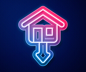 Glowing neon line Property and housing market collapse icon isolated on blue background. Falling property prices. Real estate stock risk or economic recession. Vector