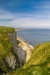 View from the top of Buckton cliffs looking towards Filey and Filey Bay on the North Yorkshire coastline.