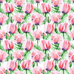 Botanical seamless pattern. Poppy flowers are hand-drawn on a white background. Watercolor of petals, leaves, branches. Natural plants in bloom. Inspirational design for womenswear, textiles.