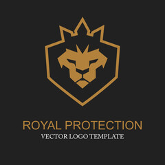 Golden Lion face head shield shape with crown icon logotype, emblem. Concept of Protection and defense logo template. Geometric flat style lion security emblem isolated on black background