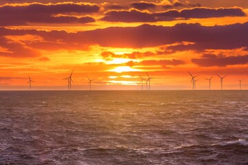 Renewable green electricity wind power generation offshore. Sunrise at decarbonization industry windmills business for regenerative energies. Clean energy renewables preventing climate change - obrazy, fototapety, plakaty
