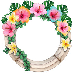 Watercolor wooden round frame with tropical flowers