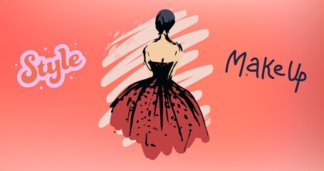 Composition of drawing of model on red background