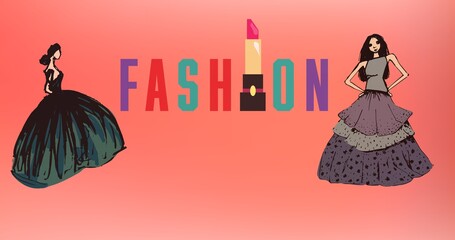 Composition of drawing of models with fashion text on red background