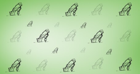 Composition of drawing of shoes repeated on green background