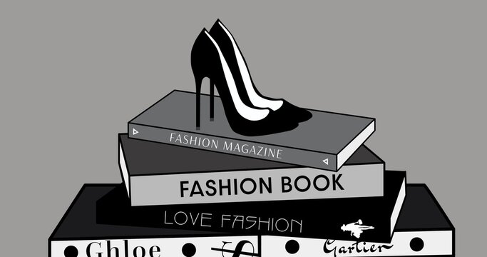 Composition of shoes and fashion books on grey background