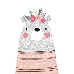 Cute print with hand drawn bear in cardigan. Modern style poster for home decor. Print for pillows, baby rug or blanket.