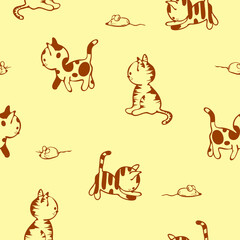 Seamless vector pattern with cat doodle on yellow background. Simple hand drawn kitten wallpaper design. Decorative animal fashion textile.