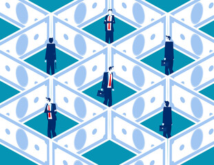 Business people stuck in dollar banknote maze. Business trap