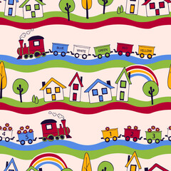 Seamless vector pattern with train on yellow background. Simple cartoon landscape wallpaper design for children. Decorative baby fashion textile.