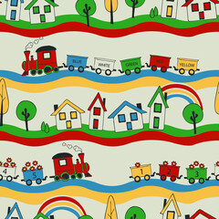 Obraz premium Seamless vector pattern with train on off white background. Children toy wallpaper design. Decorative education fashion textile.