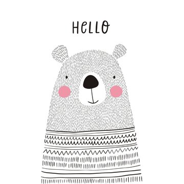 Cute print with hand drawn bear in cardigan. Modern style poster for home decor. Print for pillows, baby rug or blanket.