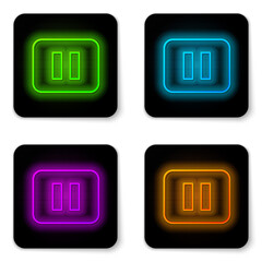 Glowing neon line Pause button icon isolated on white background. Black square button. Vector
