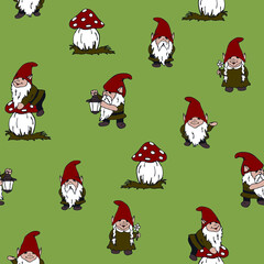 Seamless vector pattern with garden gnomes on green background. Simple hand drawn elf wallpaper design. Decorative fashion textile.
