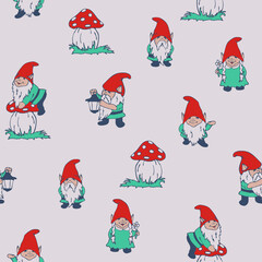 Seamless vector pattern with garden gnomes on light grey background. Simple summer elf wallpaper design. Decorative season fashion textile.
