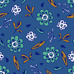 Fototapeta na wymiar Seamless vector pattern with hand drawn flowers on blue background. Simple vintage floral wallpaper design. Decorative retro fashion textile.