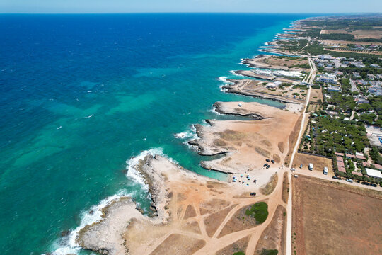 Costa Merlata, Ostuni photographed with drone from above. It offers one of the most beautiful stretches of coast in Puglia and Italy with little gulfs and sandy beaches. Italy Ostuni 