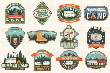 Set of rv camping badges, patches. Vector Concept for shirt or logo, print, stamp or tee. Vintage typography design with RV Motorhome, camping trailer and off-road car silhouette. - obrazy, fototapety, plakaty