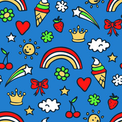 Naklejka premium Seamless vector pattern with rainbow and ice cream on blue background. Happy summer wallpaper design for children. Decorative cheerful fashion textile.